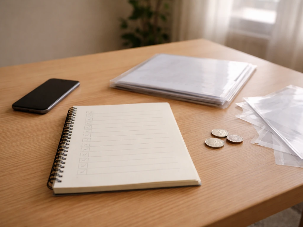 Minimal desk scene with a blank checklist notebook, smartphone, and documents suggesting record verification.