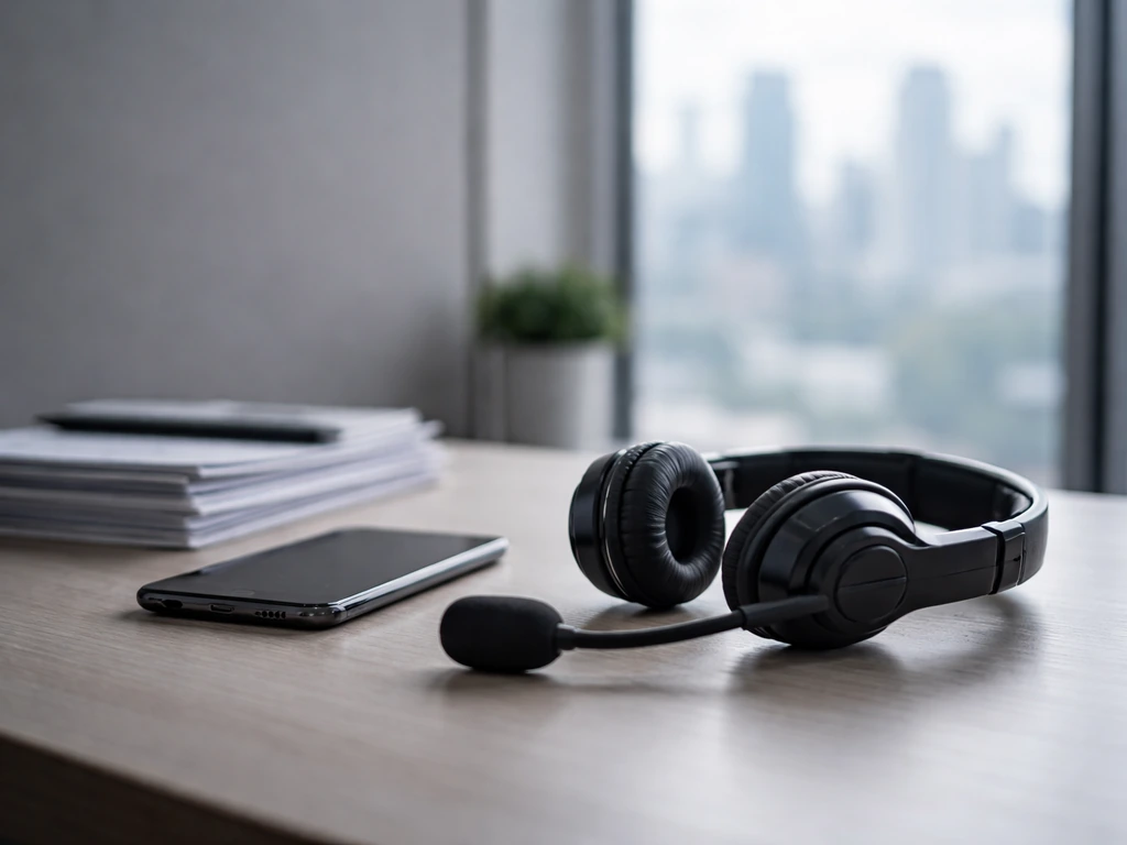 Minimal office desk with broadcast headset and smartphone, suggesting telecom media business leadership.