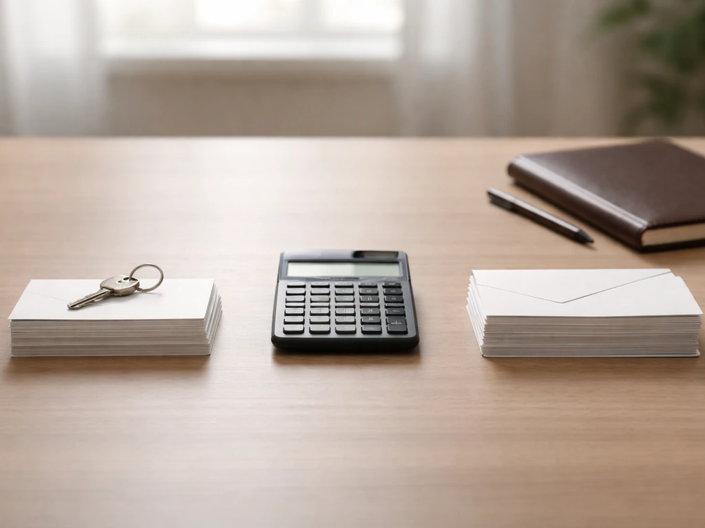 Minimal photo of a business desk with a calculator and scattered cards, symbolizing assets and liabilities