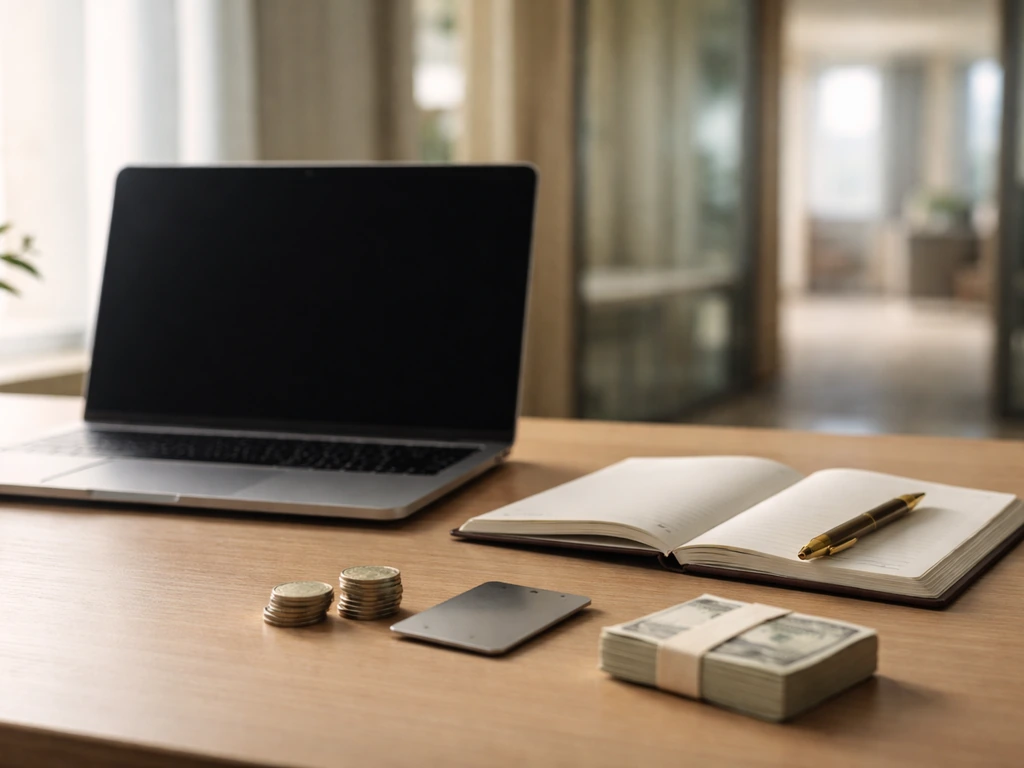 Minimal photo of a desk with a laptop, notebook, and cash-adjacent props suggesting a career wealth timeline