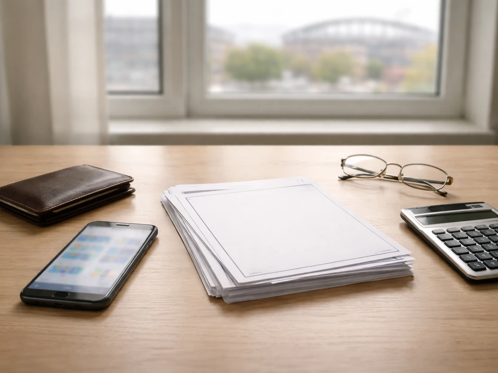 Desk with wallet, blurred phone finance screen, calculator and blank statements symbolizing net worth estimation