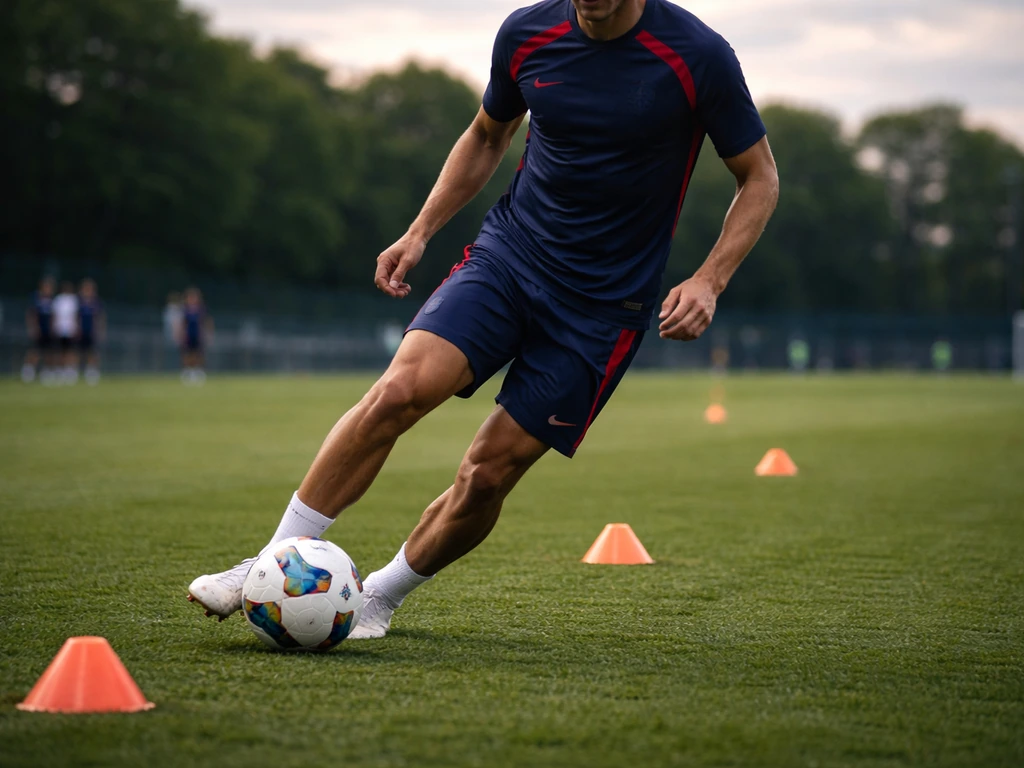 Anonymous footballer in PSG-style training kit controlling a ball during an outdoor stadium practice.
