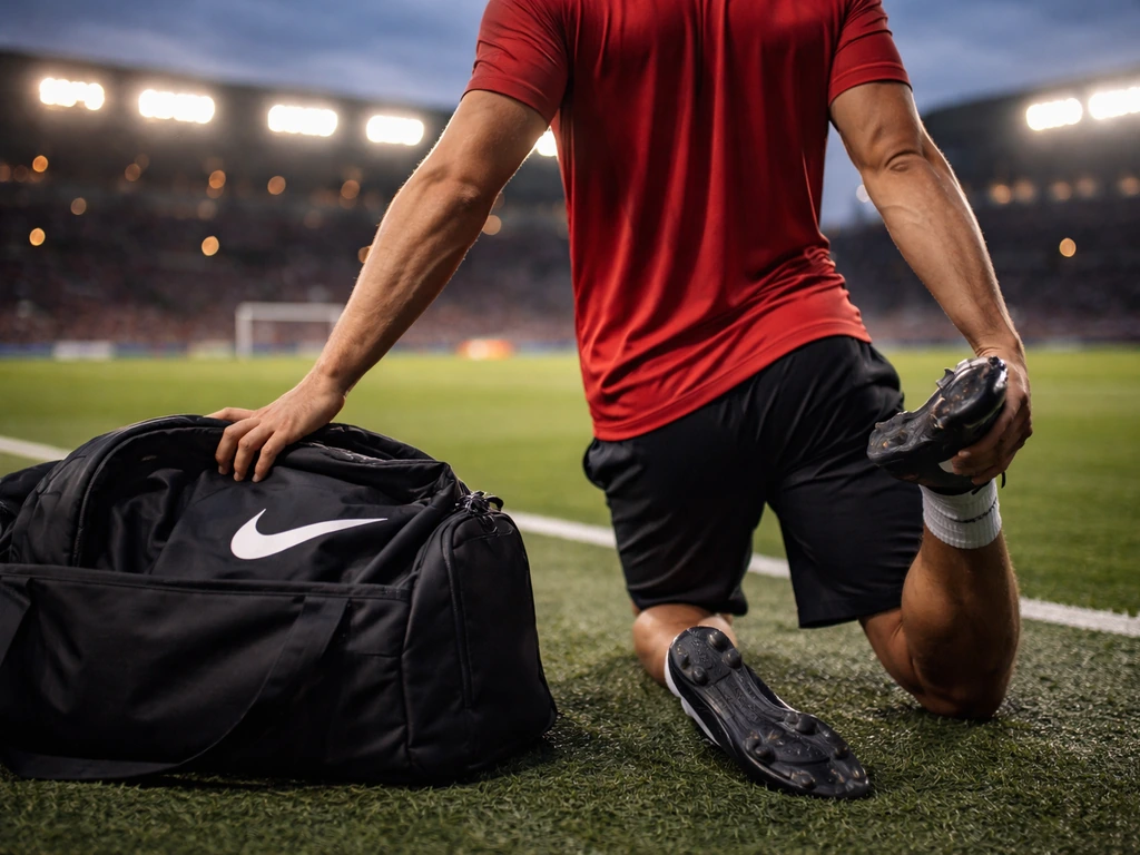 Footballer in red training gear stretching beside a Nike-branded jacket and a stadium pitch view at dusk