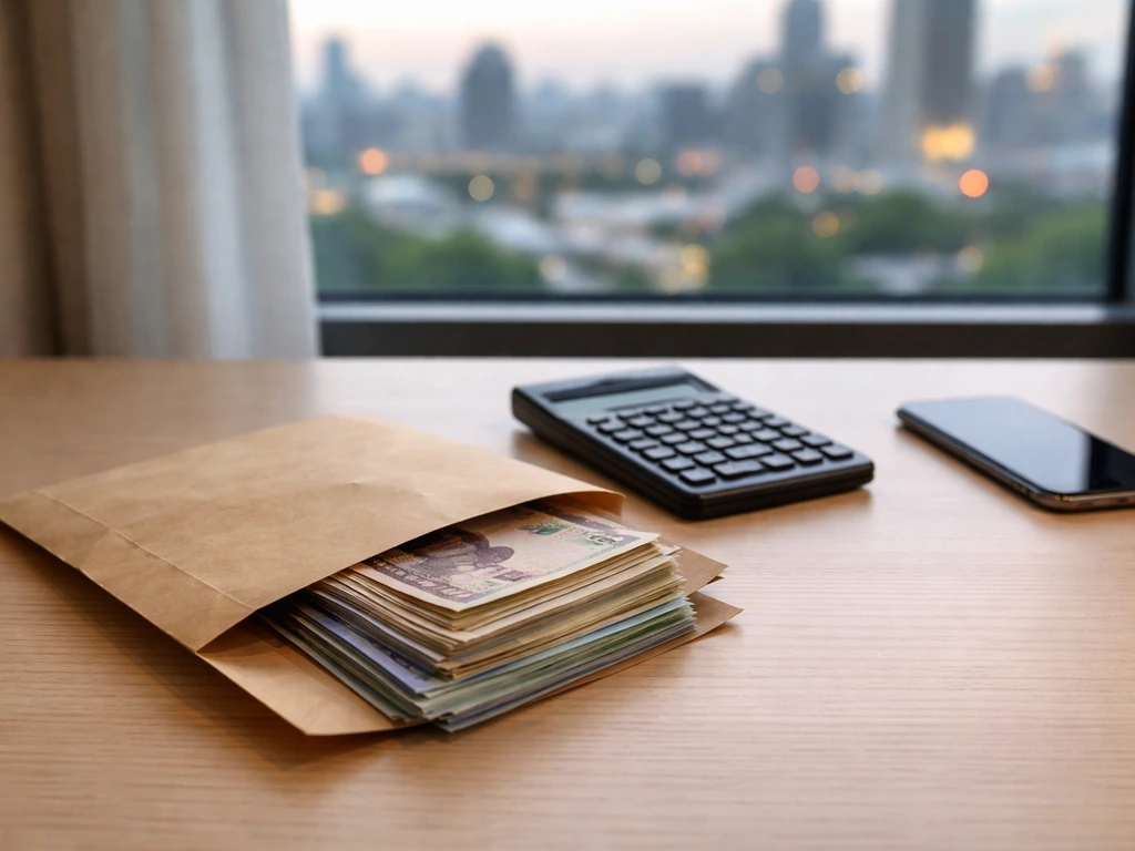An anonymous desk scene with a calculator, cash envelope, and blurred city skyline at dusk.