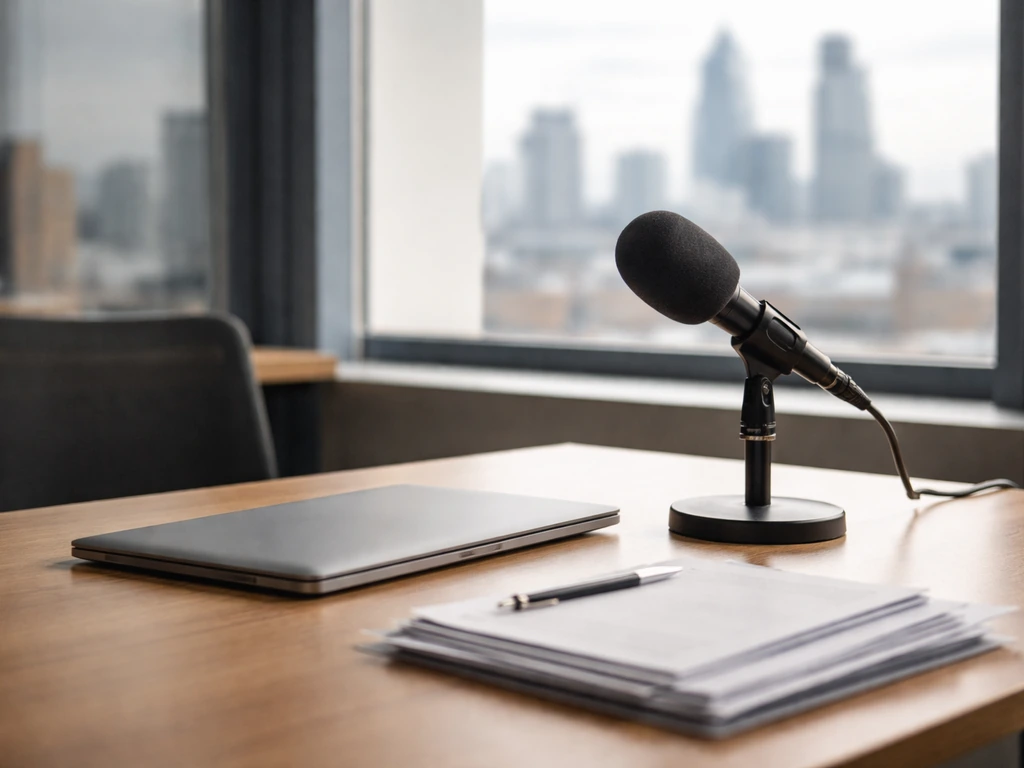 London media newsroom desk with a microphone and neatly arranged documents symbolizing sports reporting and finances