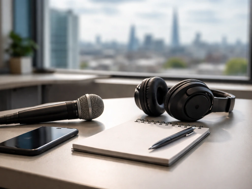 London media office desk with microphone and headphones, blurred skyline background, symbolic sports journalism mood