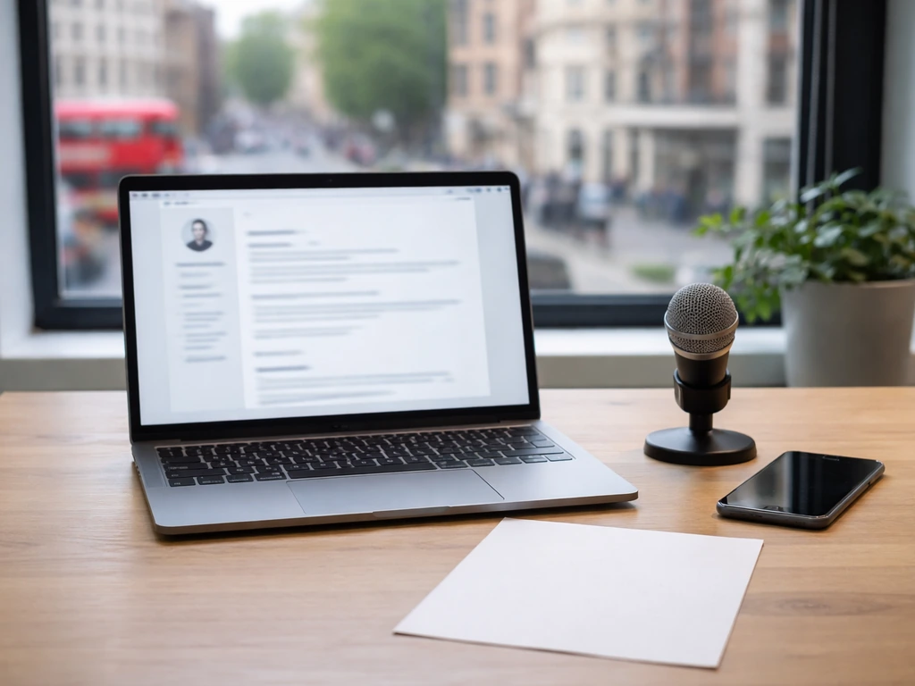 Minimal newsroom desk with laptop, phone, and studio mic, evoking public media career signals.