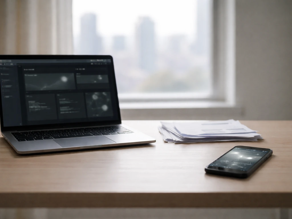 Minimal office desk with smartphone and laptop showing mismatched social metrics placeholders, symbolic of varying numbe