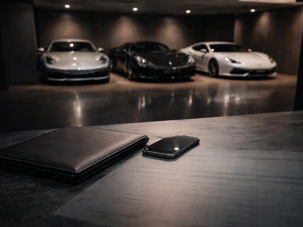Luxury car garage scene with a subtle ledger-like overlay concept symbolizing a collective net worth estimate.