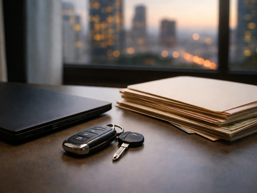 Luxury car keys and a laptop on a desk, with a blurred money-focused city backdrop