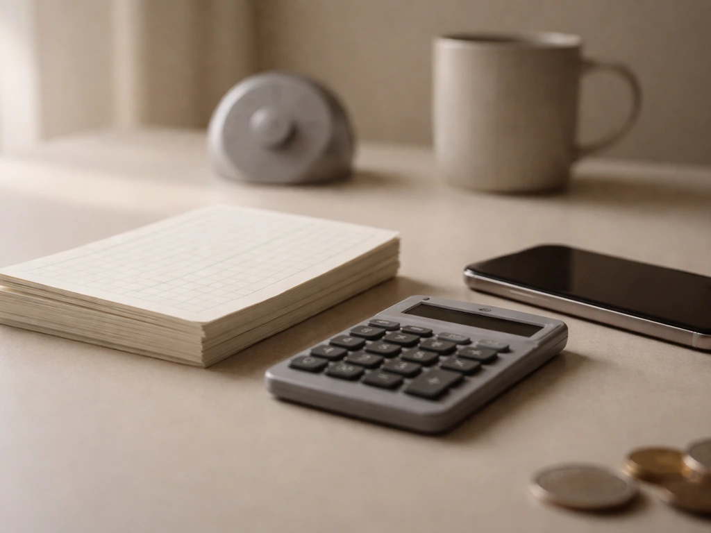 Minimal desk scene with an anonymous calculator, ledger pages, and a blurred uncertainty dial symbolizing a net worth ra