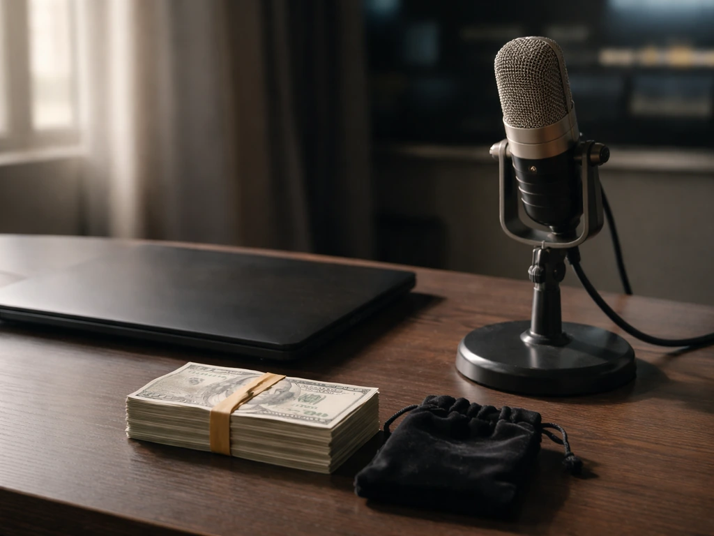 Minimal studio desk with a microphone and cash, symbolizing estimated net worth and media work.