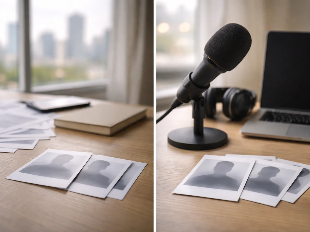 Split desk scene with anonymous money/media symbols and blurred silhouettes suggesting uncertain identity matching.