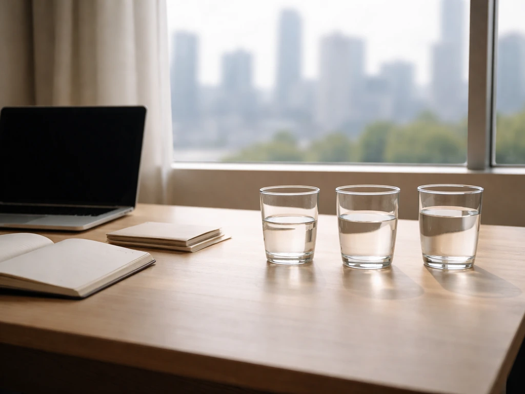 Minimal office desk with unmarked cash envelopes and translucent glasses symbolizing an estimate range.