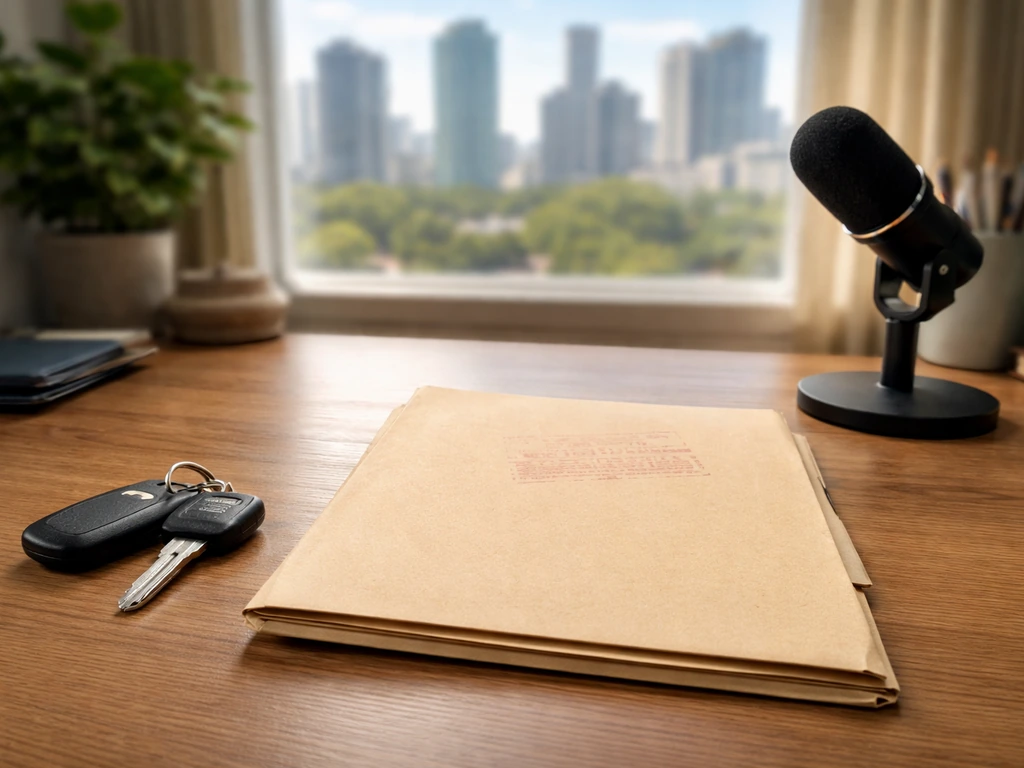 Minimal photo of a desk with folders, a car key, and an audio mic beside a blurred city window