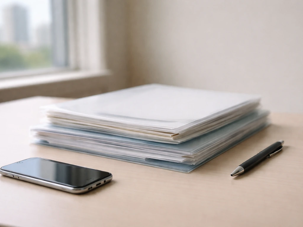 Minimal office desk with layered file folders and a smartphone showing financial notes, symbolizing net worth estimate u