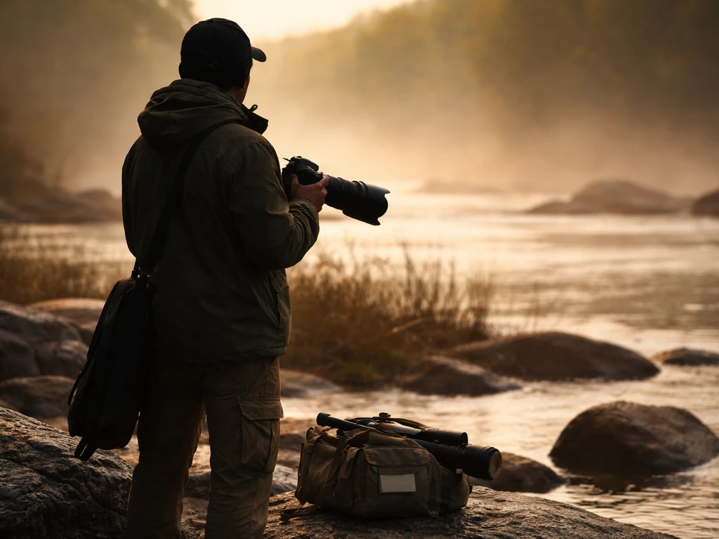 An anonymous conservation photographer with camera gear on a rocky shoreline during golden hour