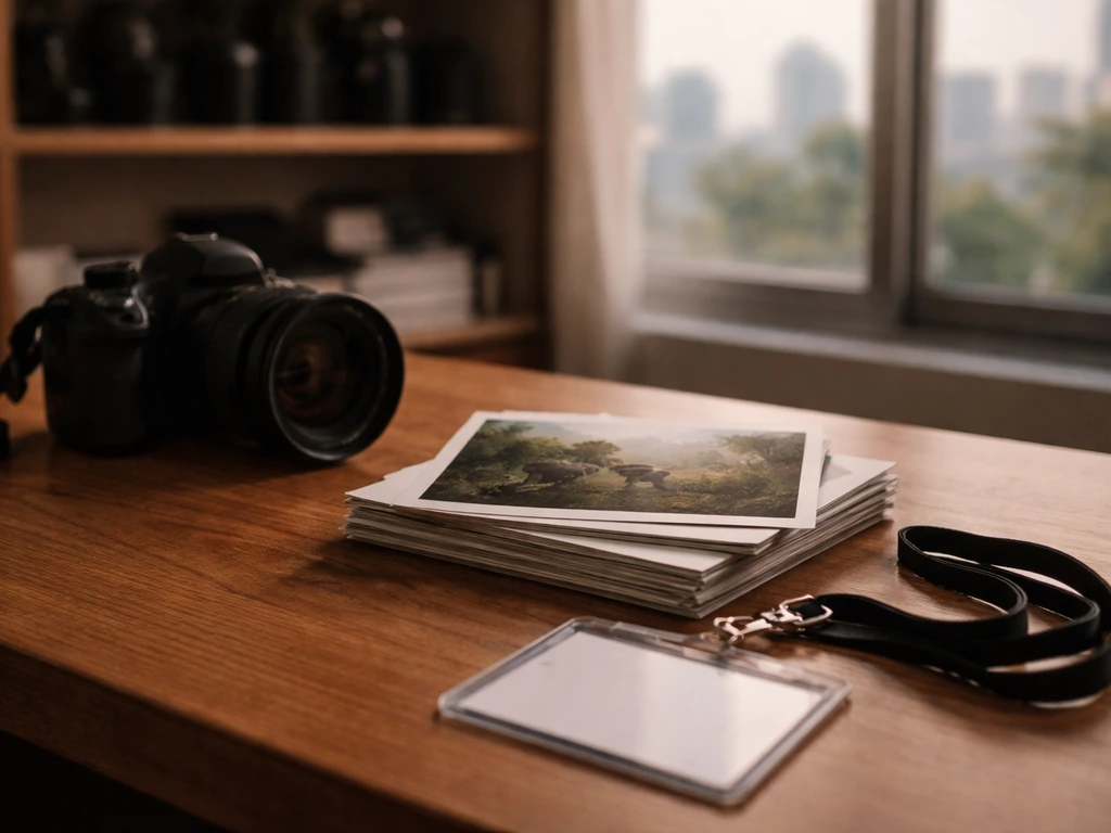 Minimal studio desk with camera and unbranded photo prints, suggesting award-winning conservation photojournalism.
