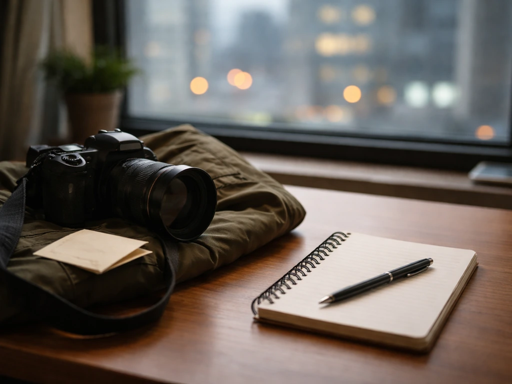 Minimal desk scene with a camera and money envelope, suggesting photojournalist earnings comparison.
