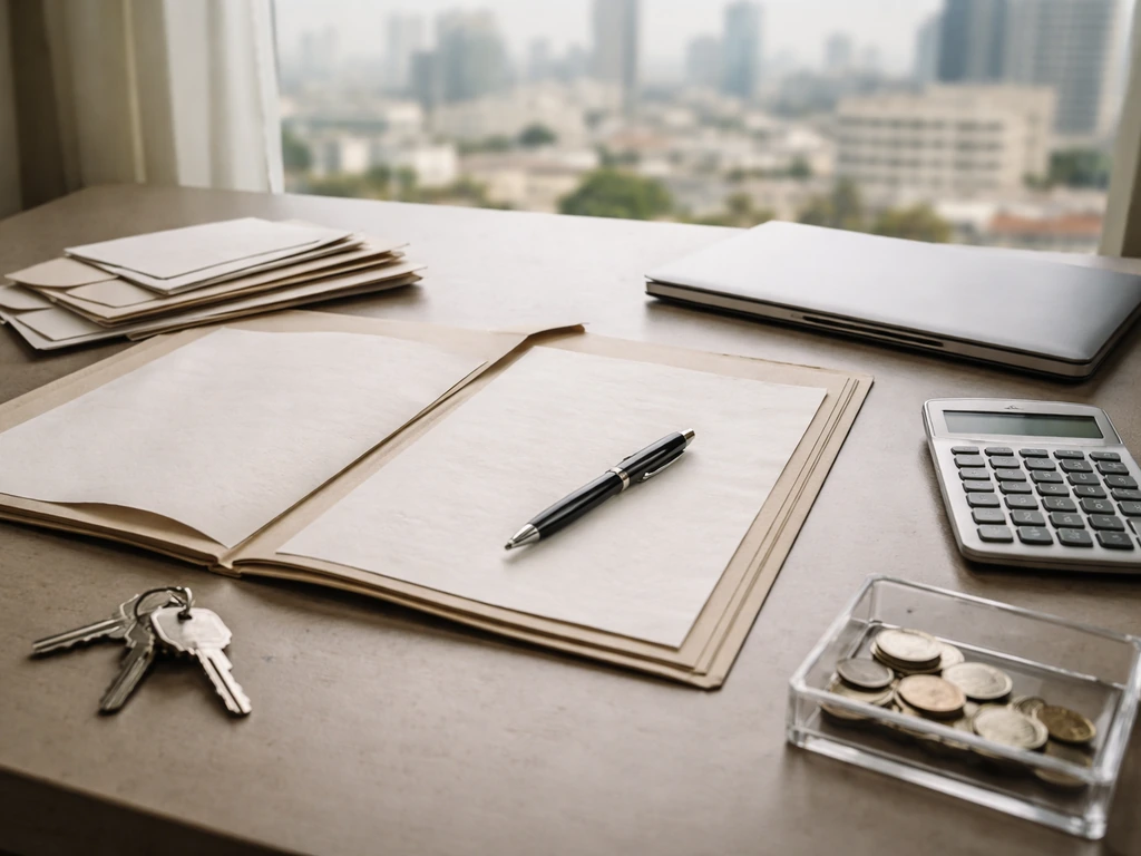 Minimal desk scene with unbranded documents, calculator, coins, and keys suggesting financial investigation.