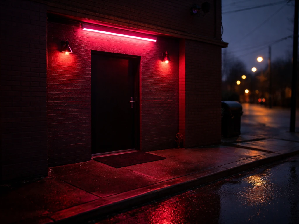 Nightclub entrance with neon glow and a quiet Pittsburgh street at dusk