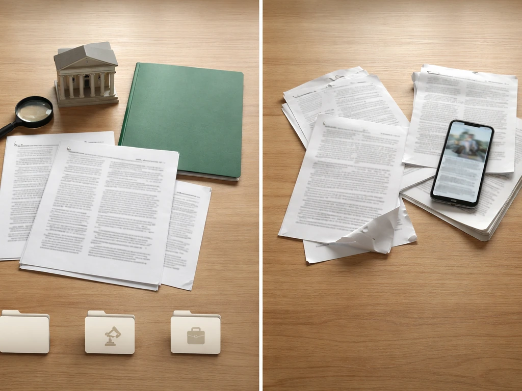 Minimal desk scene with three source-reference items laid out to contrast reliable records vs speculation