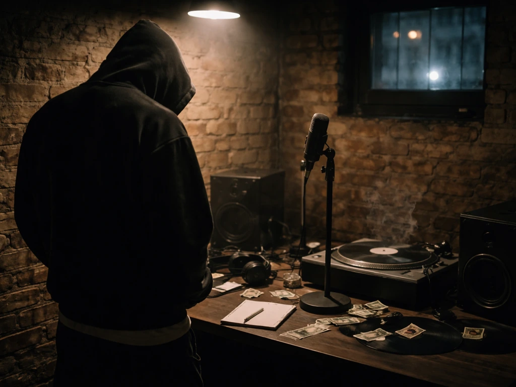 Anonymous hooded figure working in a gritty studio with records and a mic, moody Birmingham-inspired vibe.