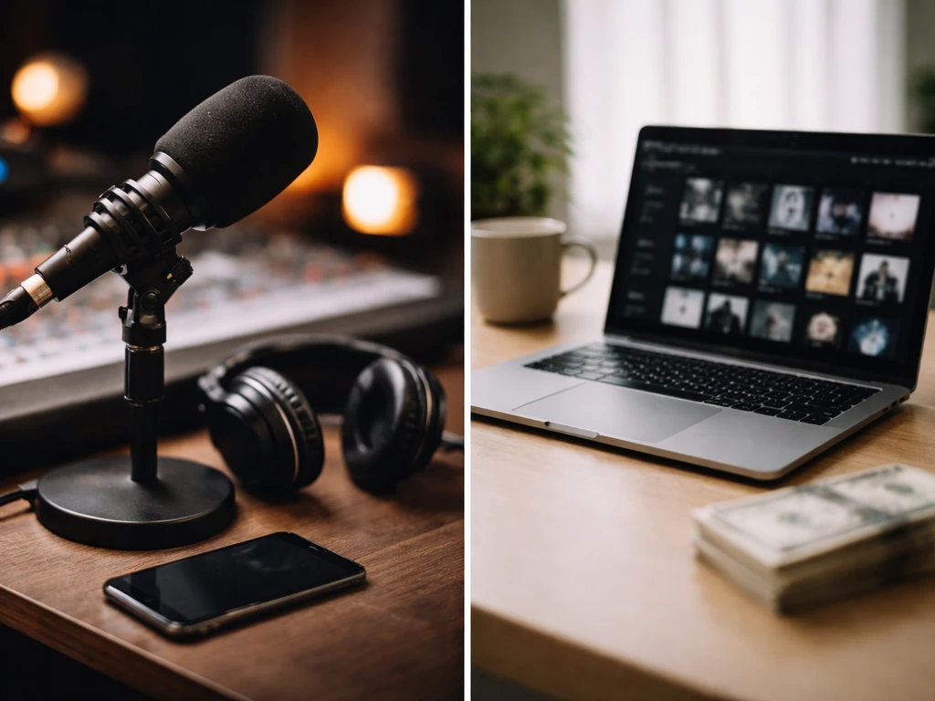 Two-panel photo: studio desk with microphone on one side and office desk with laptop and cash blur on the other.