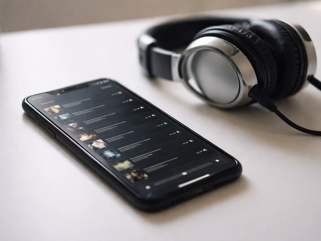Smartphone on a desk beside studio headphones showing a generic streaming dashboard with small numbers