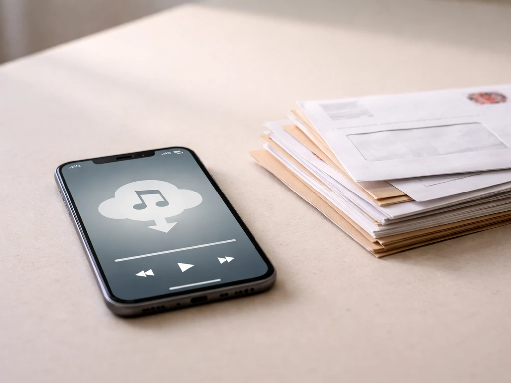 Phone showing music downloads as assets beside a neat stack of monthly bills representing liabilities.