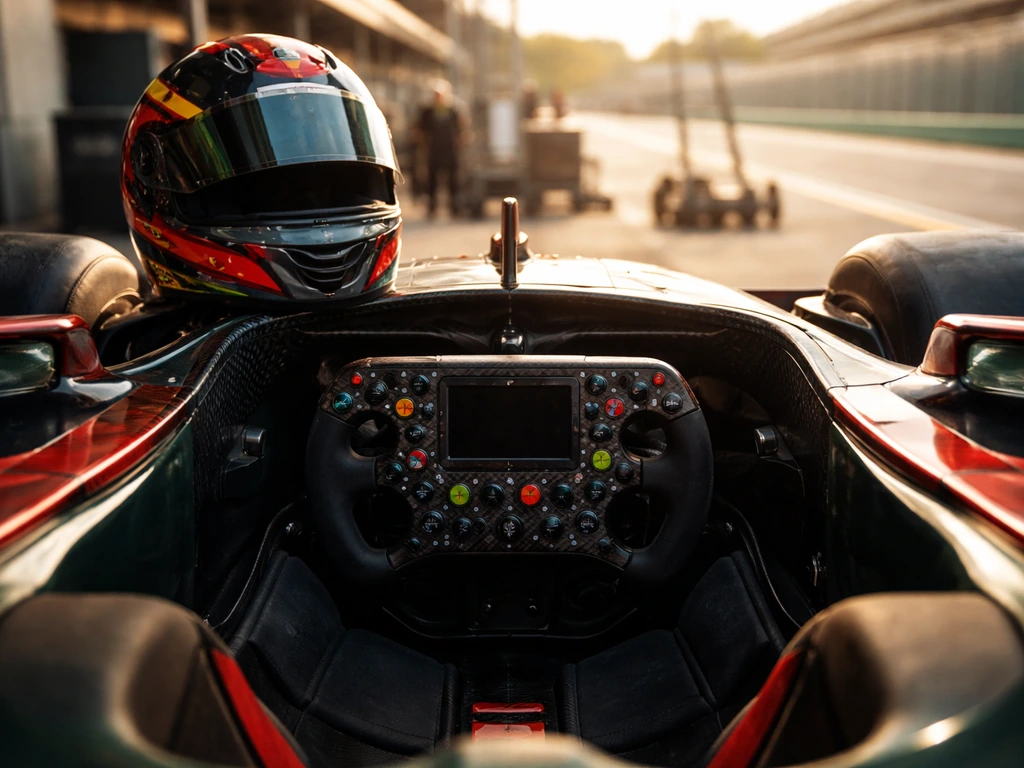 Empty Formula 1 cockpit with sponsor-style branding and a helmet on the pit lane at golden hour.