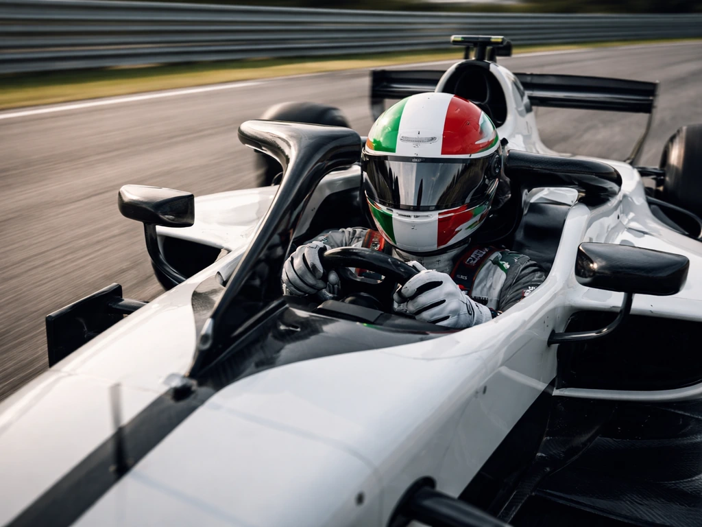 Italian racing driver in a modern race car on a track, motion blur and dramatic natural light.