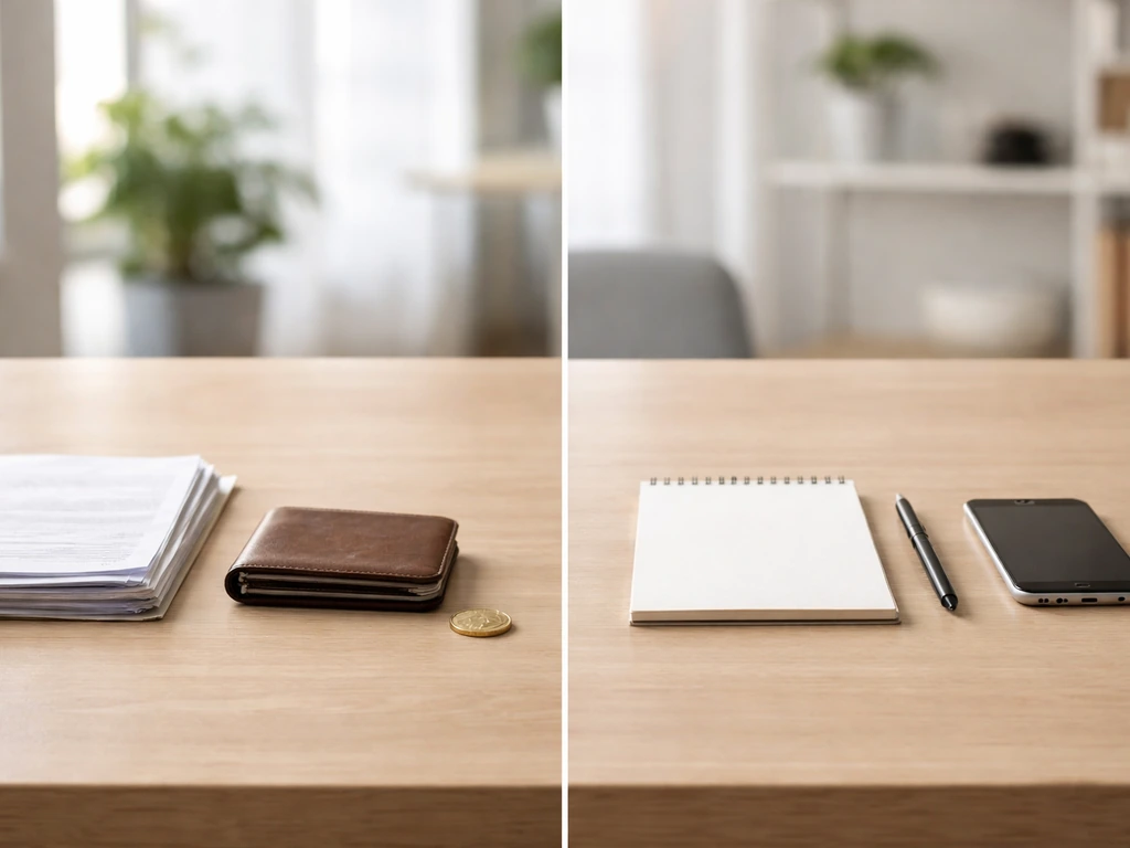 Minimal office desk showing symbolic items for included assets vs excluded items, no text or people.