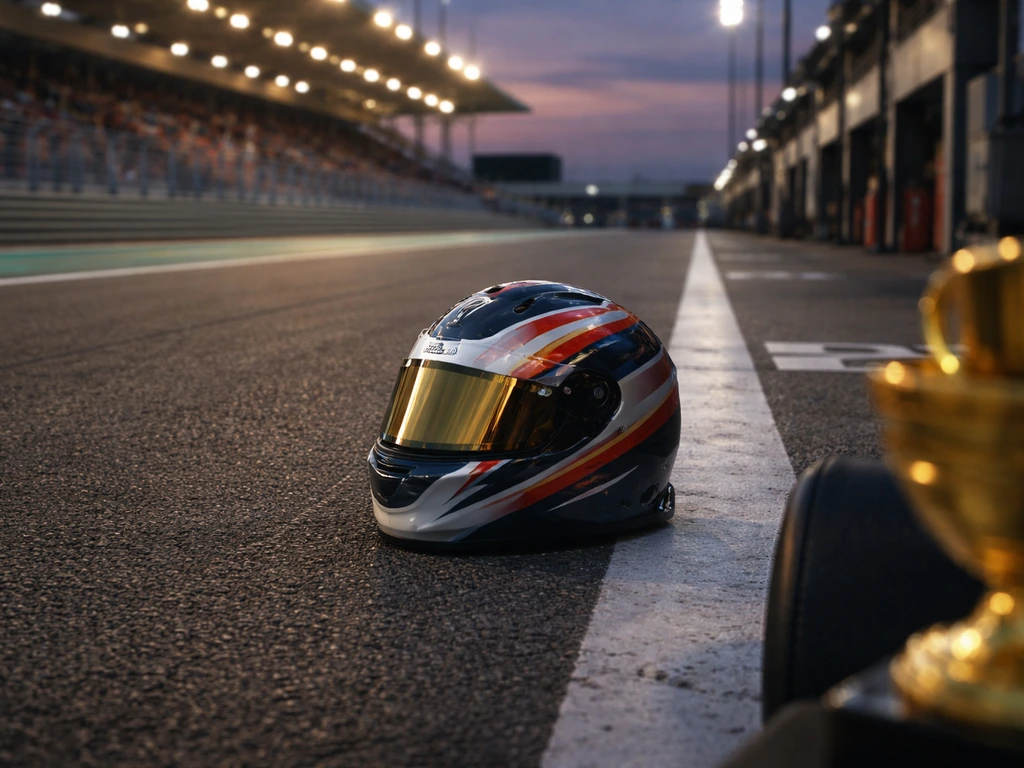 Helmet and trophy on a quiet race grid at dusk, symbolic of racing earnings without showing any driver.