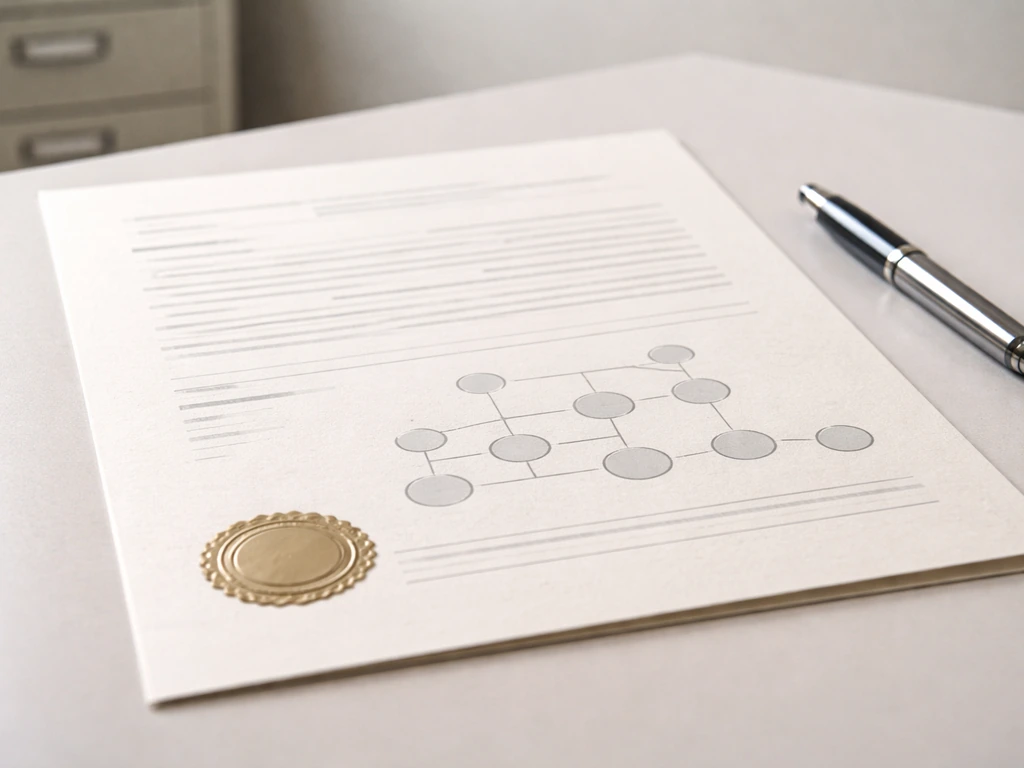 Close-up of a minimal registry-style document with an abstract company-structure layout and sealed stamp