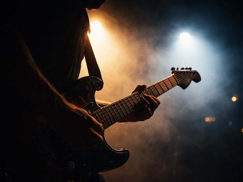 Guitarist silhouette performing under high-contrast stage lights, studio-style atmosphere