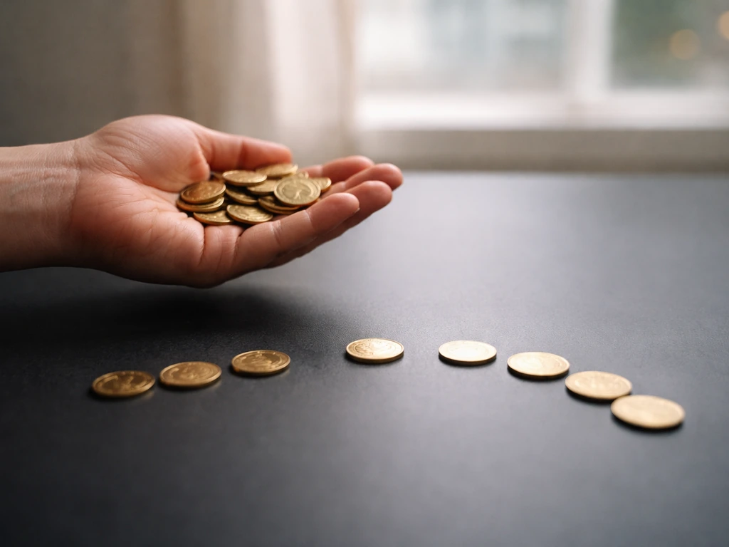 Minimal desk scene with an outstretched hand near coins, suggesting a net-worth range and midpoint.