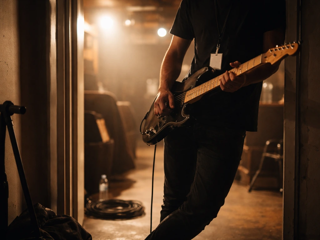Backstage at a live venue with an electric guitar and warm stage light, tour passes visible but unreadable.