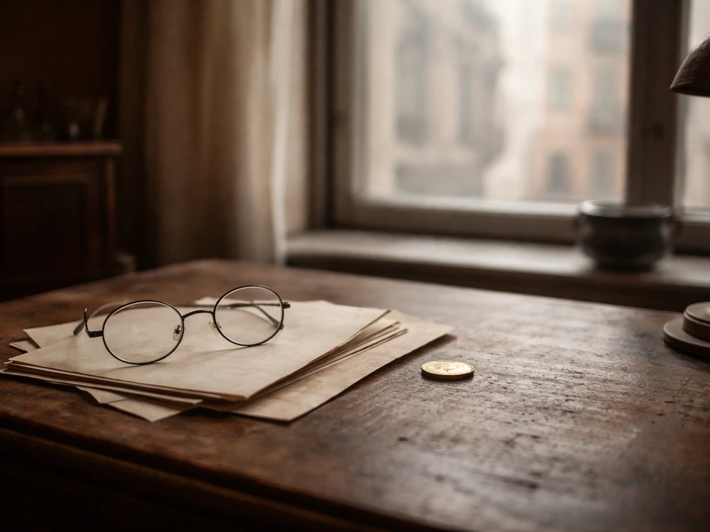 Minimal archival-style scene showing a vintage desk with scattered documents and a coin, symbolizing business net worth.