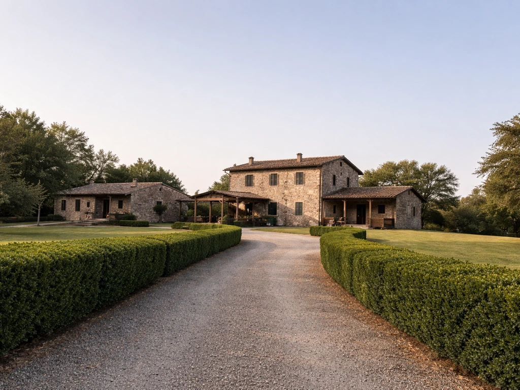 Sunlit view of an Italian farm property with rustic buildings and a driveway, suggesting community foundations