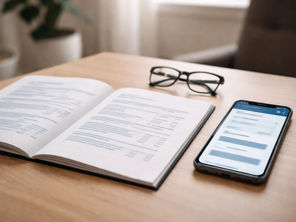 Open financial report and a phone showing a blurred registry portal layout on a desk.