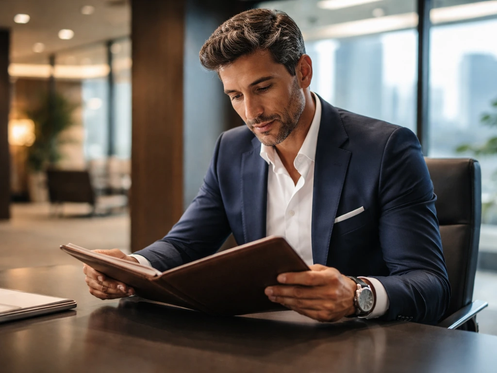 Anonymous executive founder in a modern office, seated and reviewing a business folder by a window.