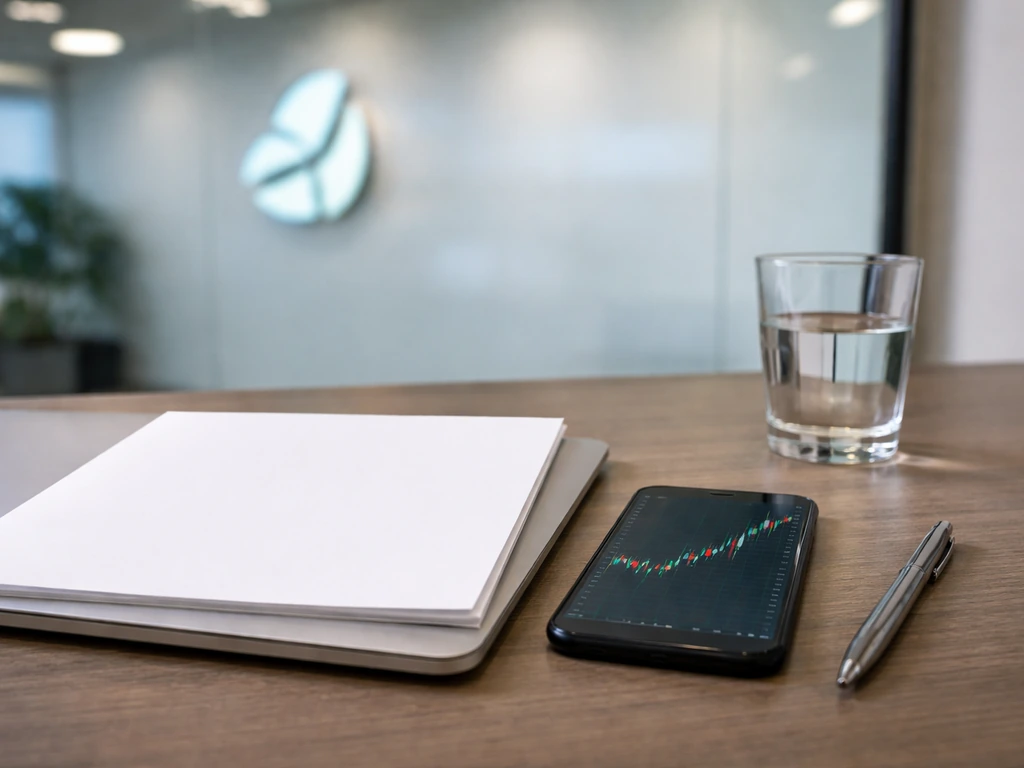 Close-up of a finance-focused desk with corporate documents and a smartphone showing an unreadable stock screen.