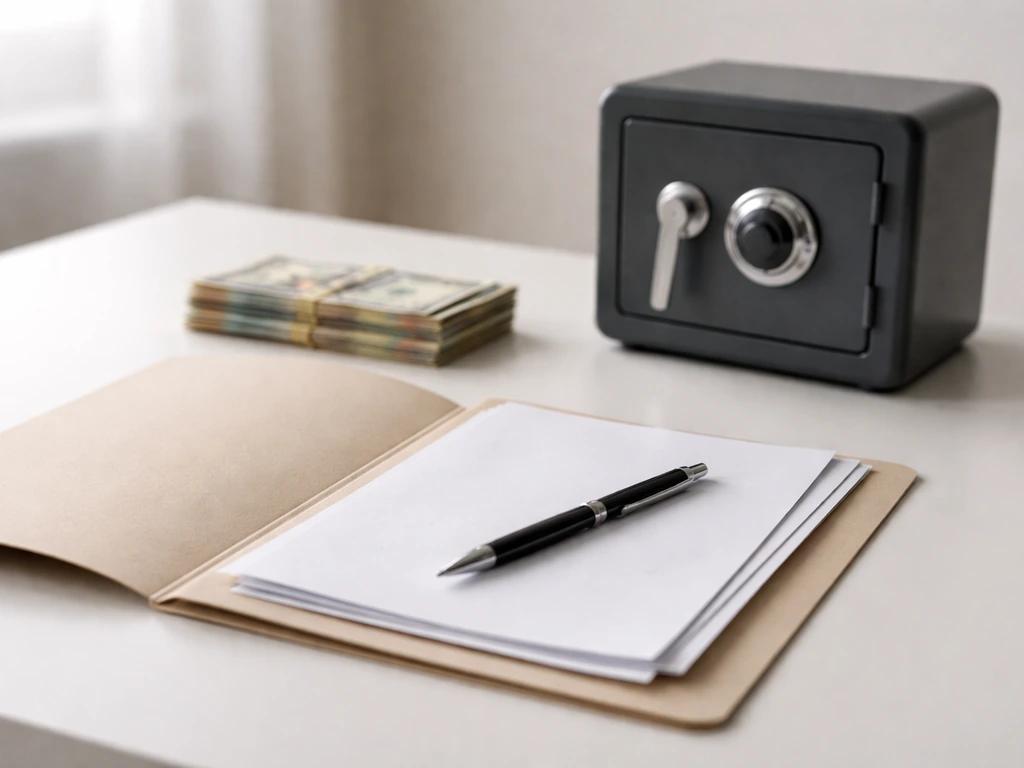 Minimal photo of a finance desk scene with scattered bills, an open folder, and a small safe representing assets and deb