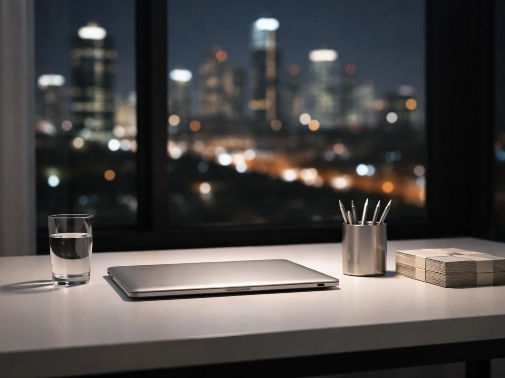 Tech executive workspace with laptop, blurred city skyline, and a sleek stack of cash-like bundles for wealth context.