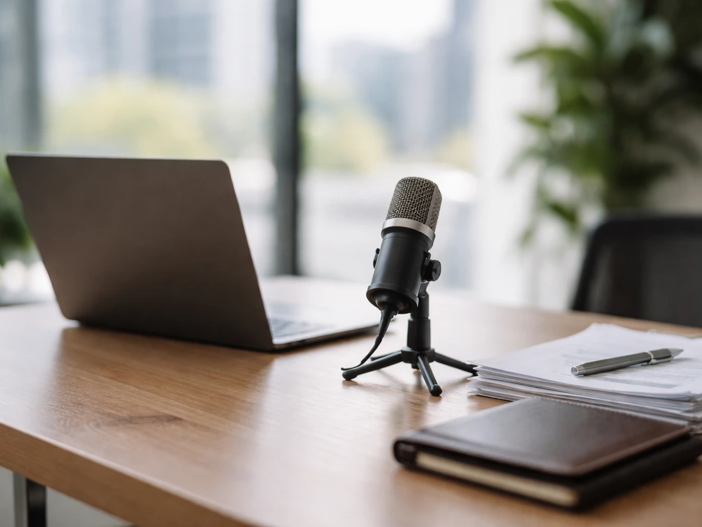 Minimal desk scene with a laptop, a microphone, and scattered business documents symbolizing public finance coverage