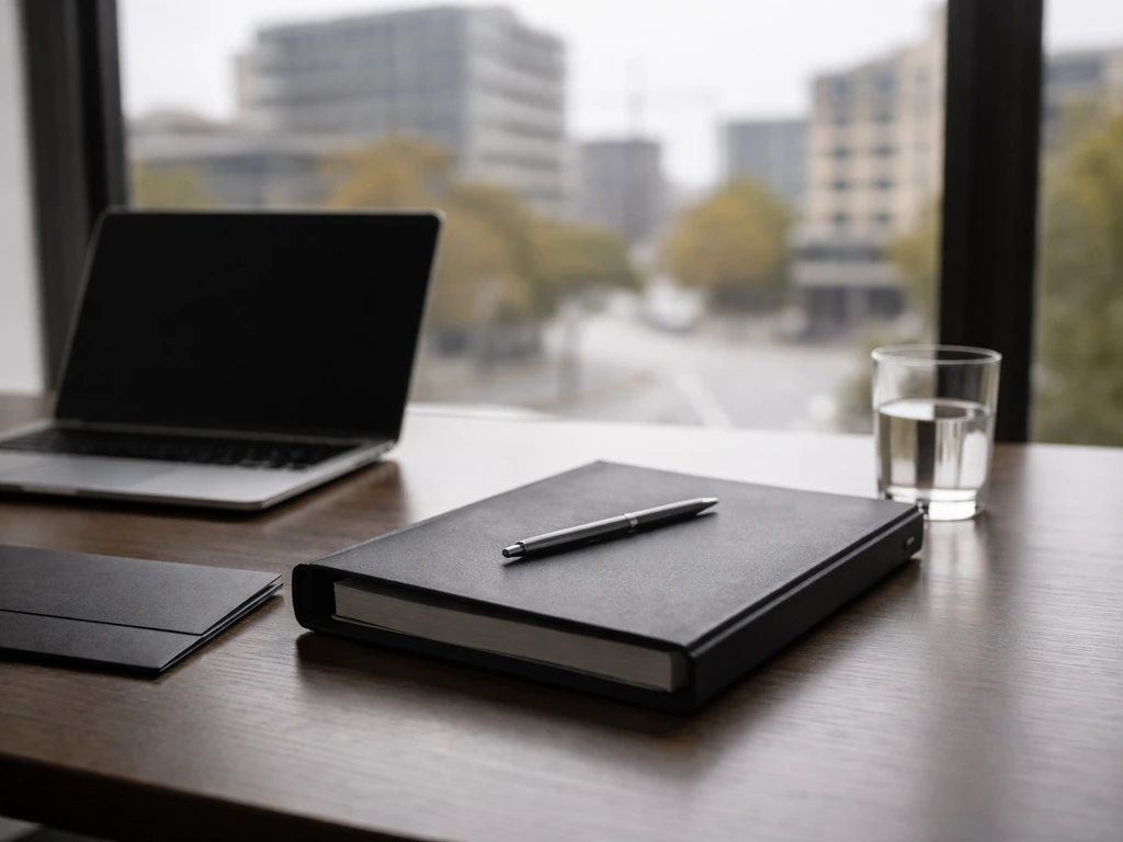 Minimal office desk scene with laptop and folder, implying property development and financial analysis.