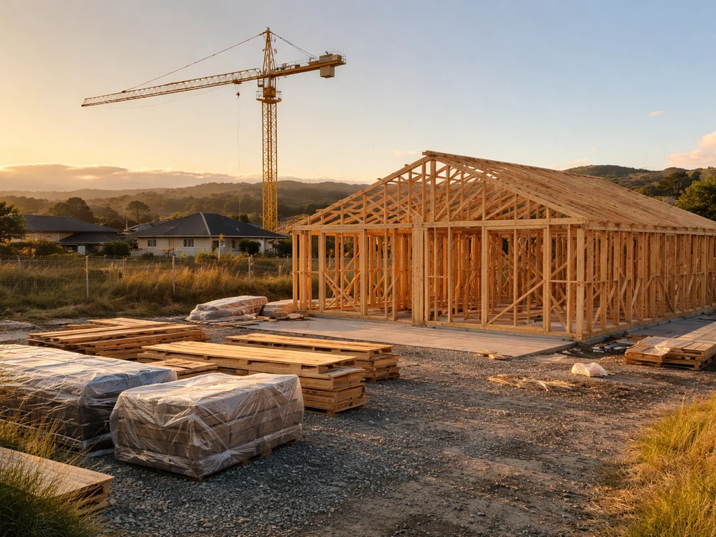 Sunlit view of a residential construction site with cranes and stacked building materials, symbolizing property developm