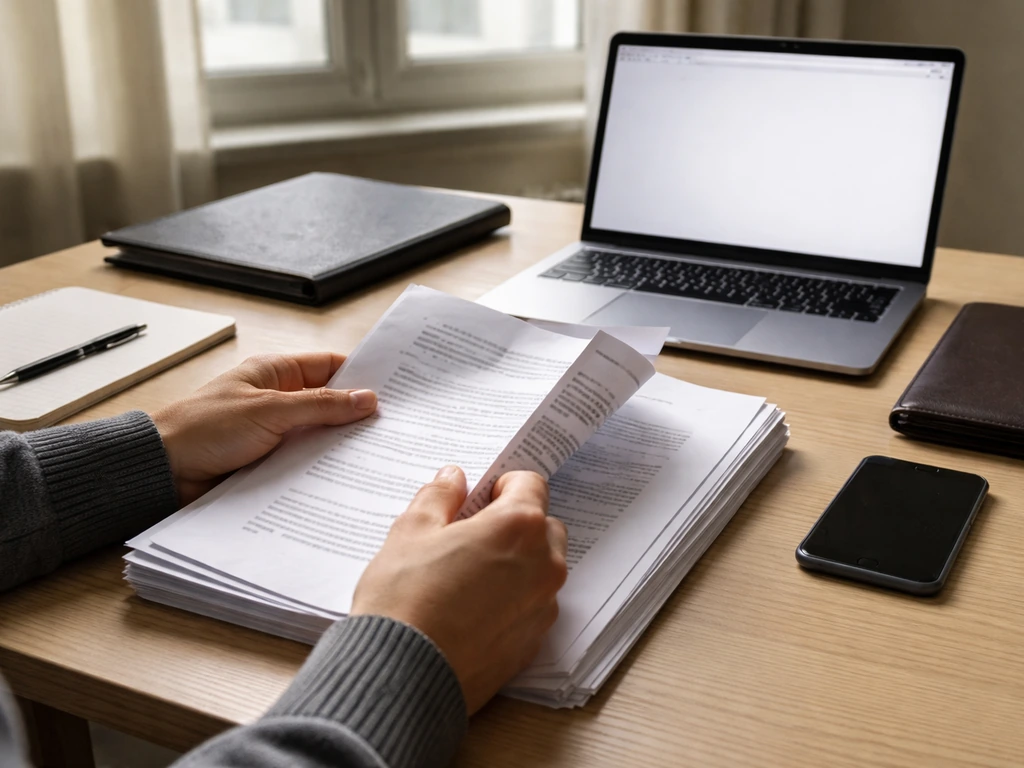 Person reviewing legal case-status documents at a desk with a laptop and courthouse-style folder.