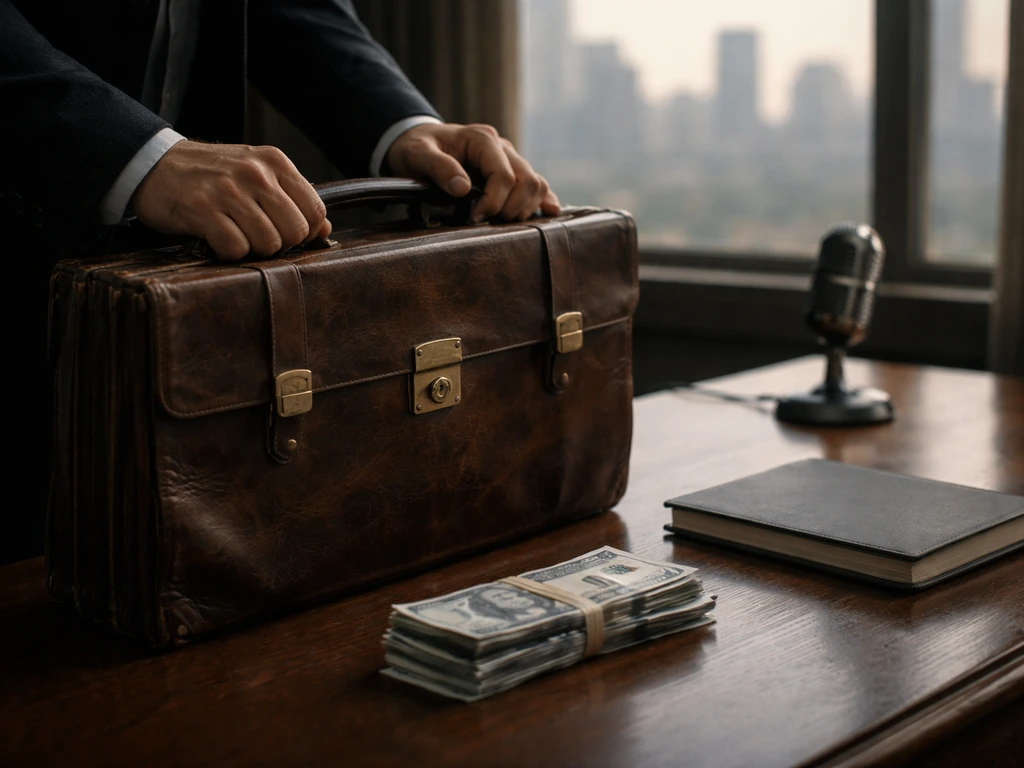 Fictional investigative scene with a briefcase, scattered cash, and blurred city skyline suggesting net worth verificati